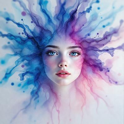The primary subject of the image is a woman with blue eyes and pink lips. She is the main focus of the image. The setting is a colorful background, which adds to the overall atmosphere of the image. The visual style is a combination of digital art and illustration, creating a unique and vibrant appearance. The colors and mood of the image are predominantly pink and blue, giving it a lively and cheerful feel.